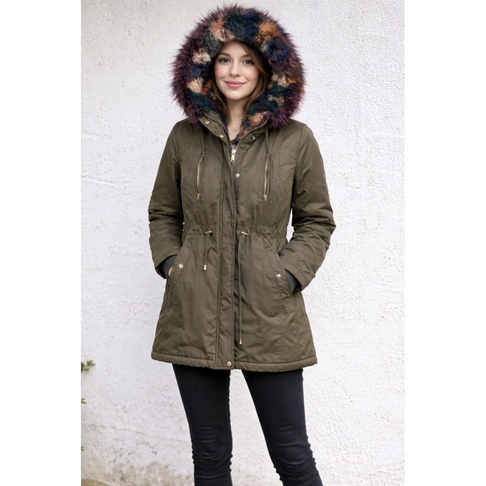 Betsey Johnson Parka Plaid Colorful Faux Fur Trim Gorpcore Olive Green Size M